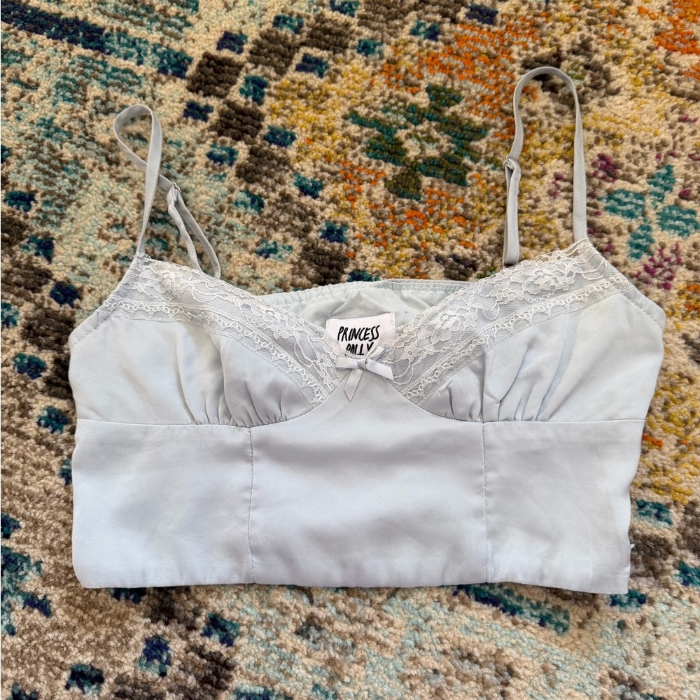Princess Polly blue satin and lace crop top